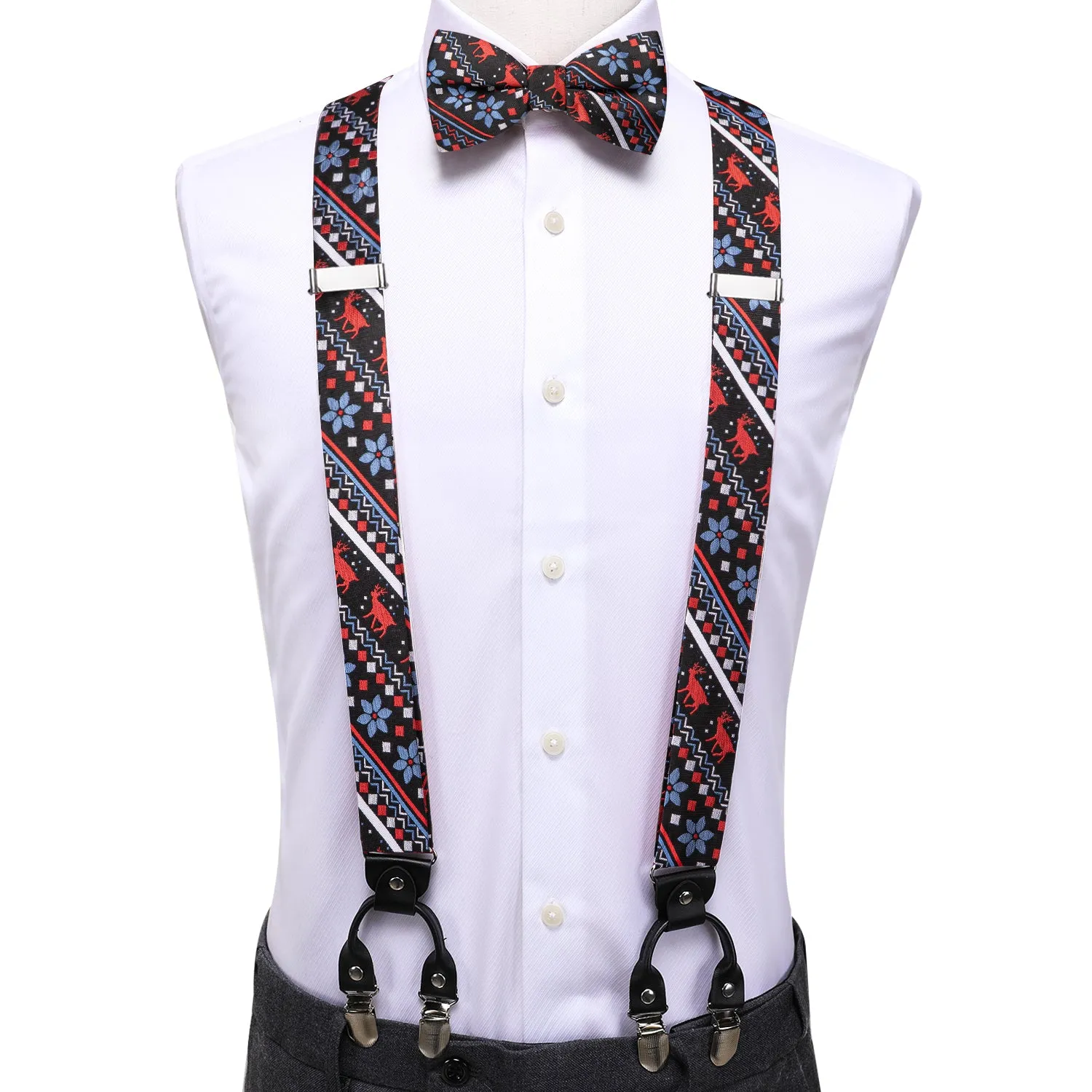 Hi-Tie Christmas Black Red Novelty Suspender Bowtie Hanky Cufflinks Set