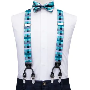 Hi-Tie Green Plaid Men's Suspender Bowtie Pocket Square Cufflinks Set