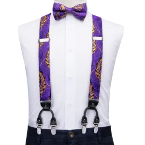 Hi-Tie Purple Golden Paisley Mens Suspender Bowtie Hanky Cufflinks Set