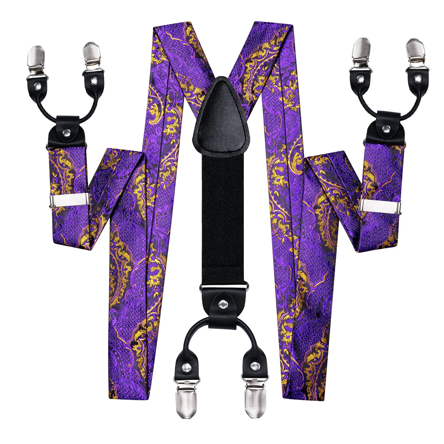 Hi-Tie Purple Golden Paisley Mens Suspender Bowtie Hanky Cufflinks Set