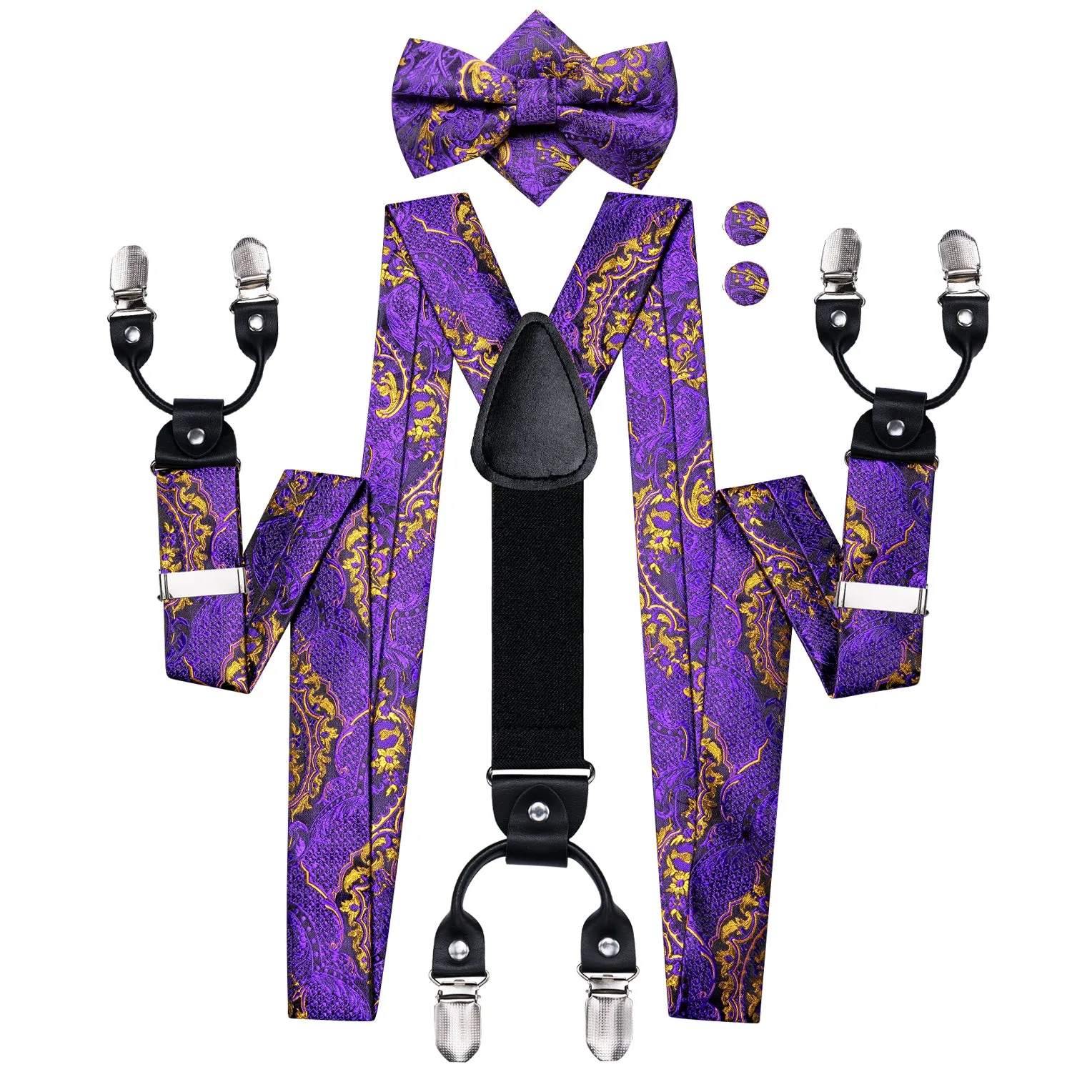 Hi-Tie Purple Golden Paisley Mens Suspender Bowtie Hanky Cufflinks Set