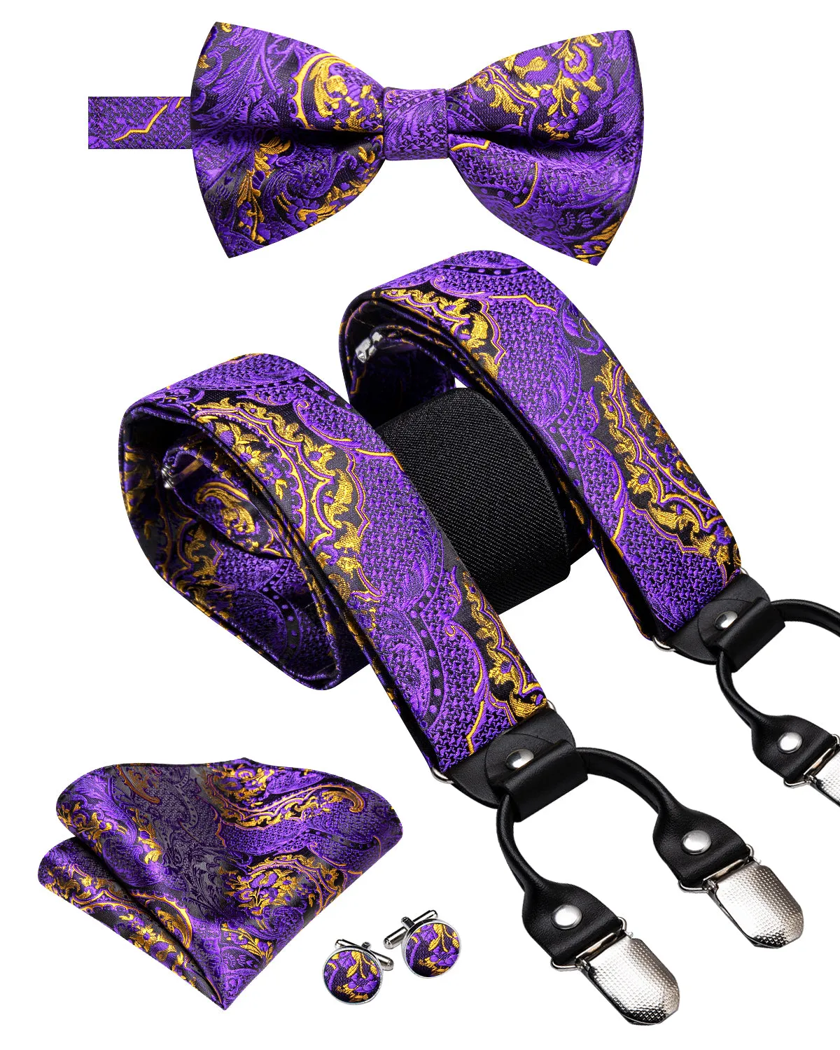 Hi-Tie Purple Golden Paisley Mens Suspender Bowtie Hanky Cufflinks Set