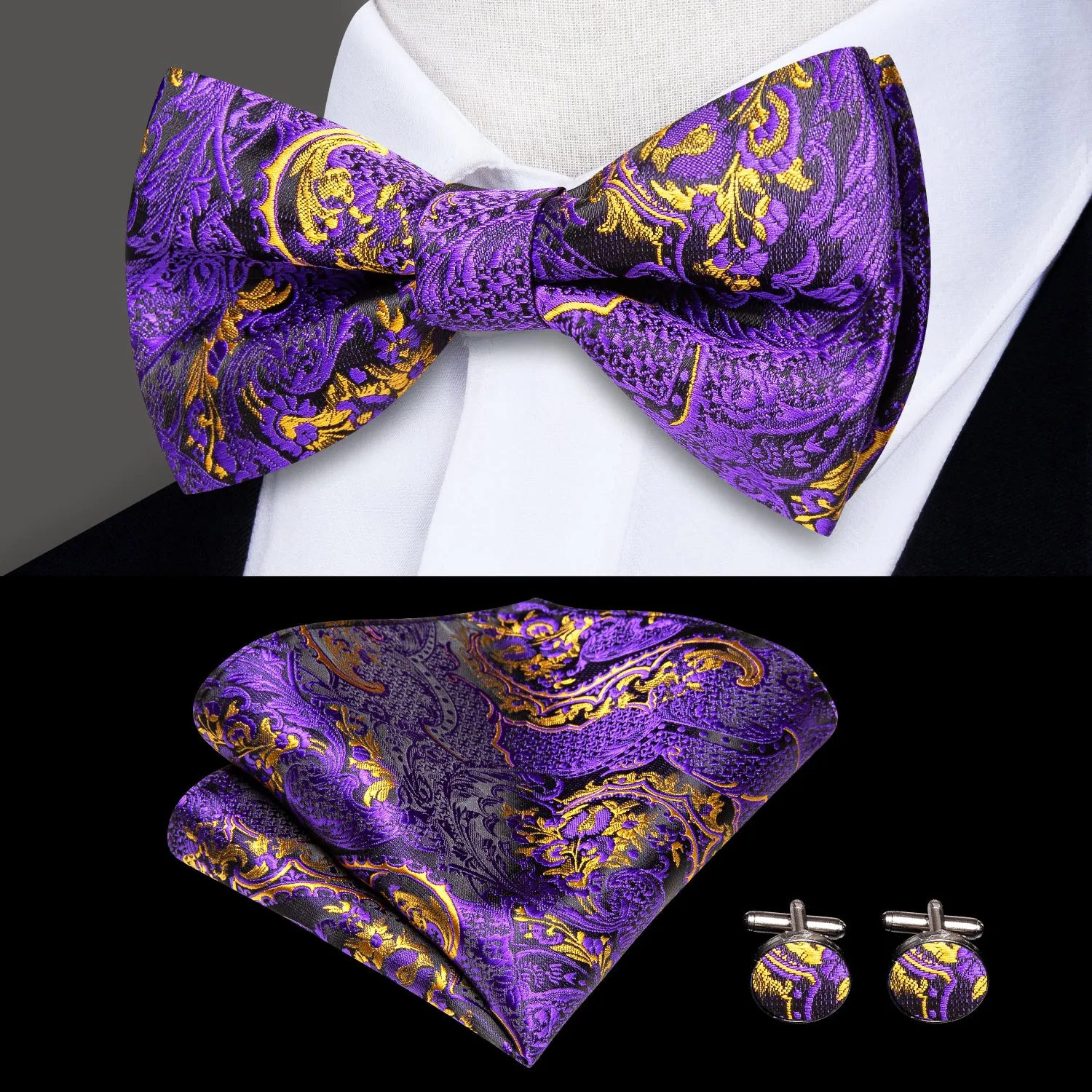 Hi-Tie Purple Golden Paisley Mens Suspender Bowtie Hanky Cufflinks Set