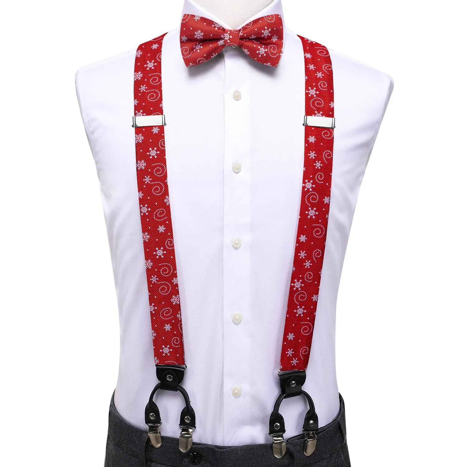 Hi-Tie Red White Christmas Novelty Suspender Bowtie Hanky Cufflinks Set