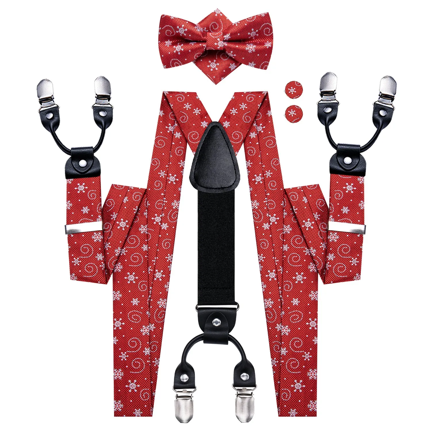 Hi-Tie Red White Christmas Novelty Suspender Bowtie Hanky Cufflinks Set