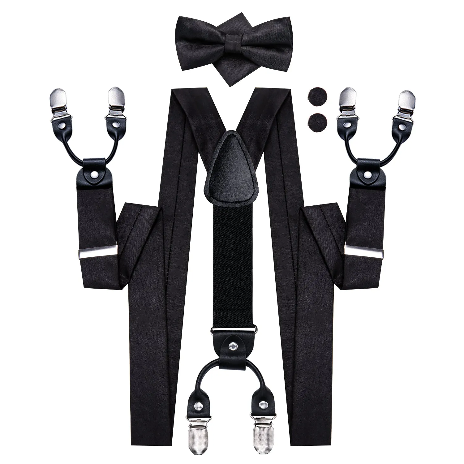 Hi-Tie Suit Suspender Black Solid Suspender Bowtie Hanky Cufflinks Set