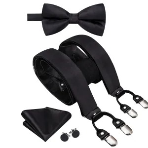 Hi-Tie Suit Suspender Black Solid Suspender Bowtie Hanky Cufflinks Set