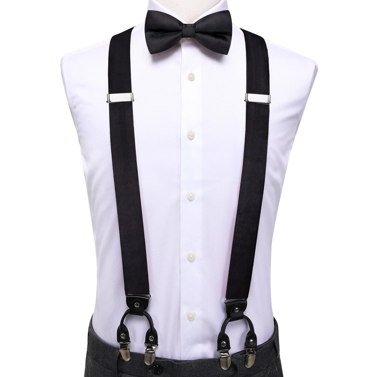 Hi-Tie Suit Suspender Black Solid Suspender Bowtie Hanky Cufflinks Set