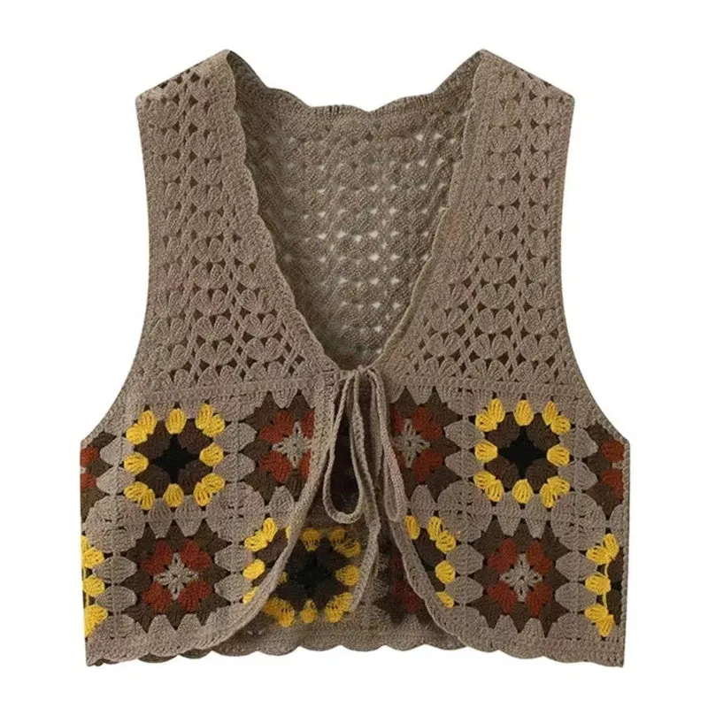 Hollow Knit for Tank Top Vest Waistcoat Women Autumn Crochet Colorful Floral Lace-Up Bandage Sleeveless Cropped Dropship