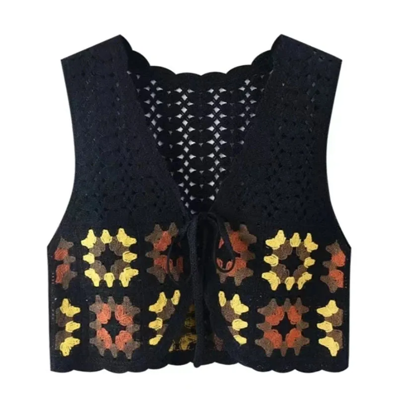 Hollow Knit for Tank Top Vest Waistcoat Women Autumn Crochet Colorful Floral Lace-Up Bandage Sleeveless Cropped Dropship