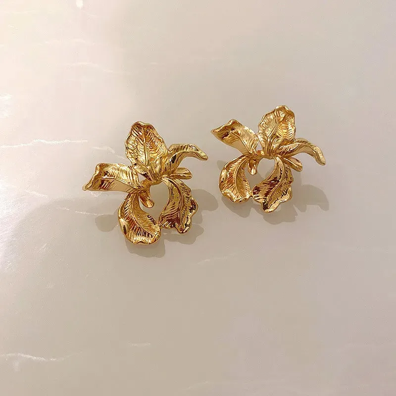 Irregular Big Flower Women Unique Design Exaggerated Gold Hollow Metal Earring