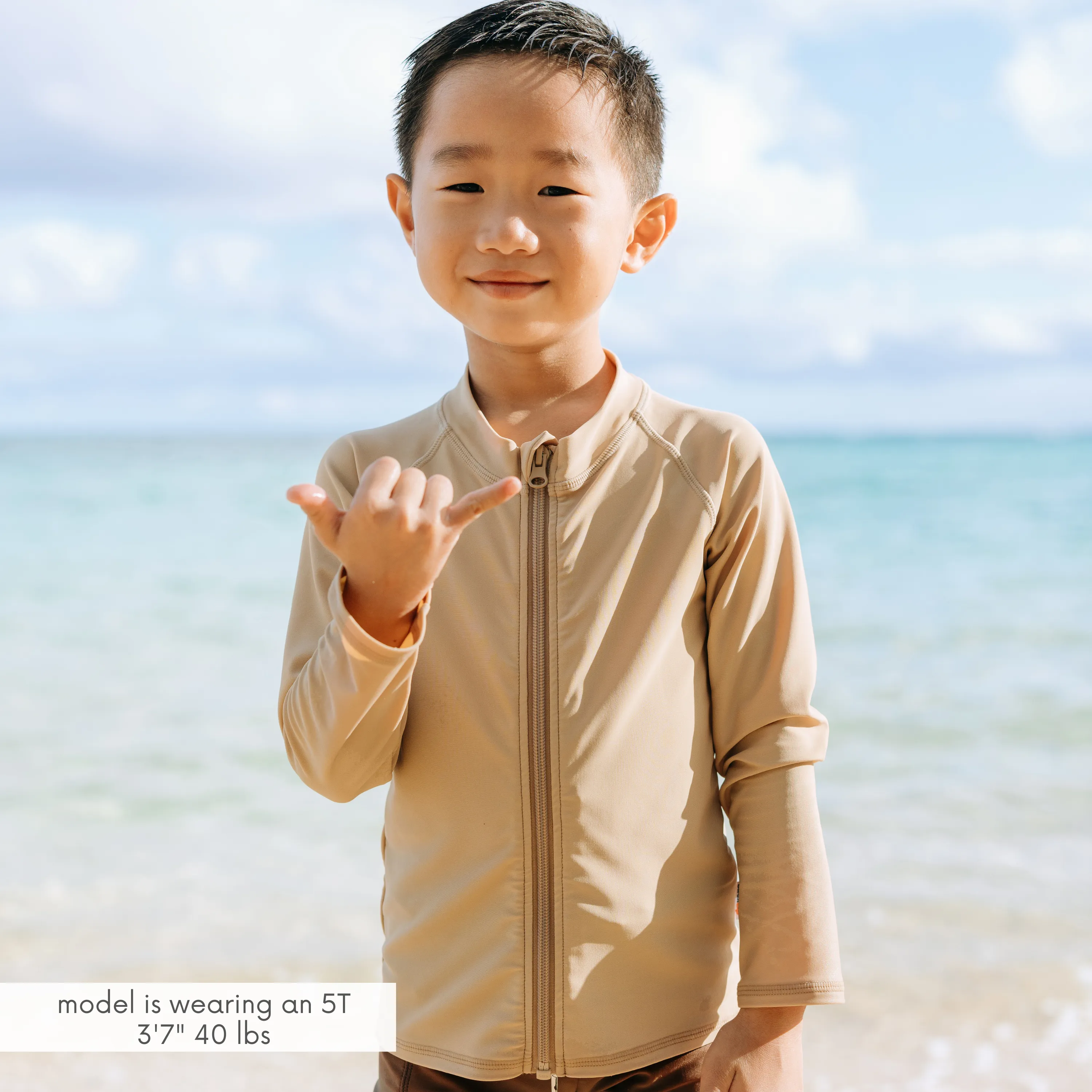 Kids UPF 50  Long Sleeve Zipper Rash Guard Swim Shirt | "Sandy Beach"