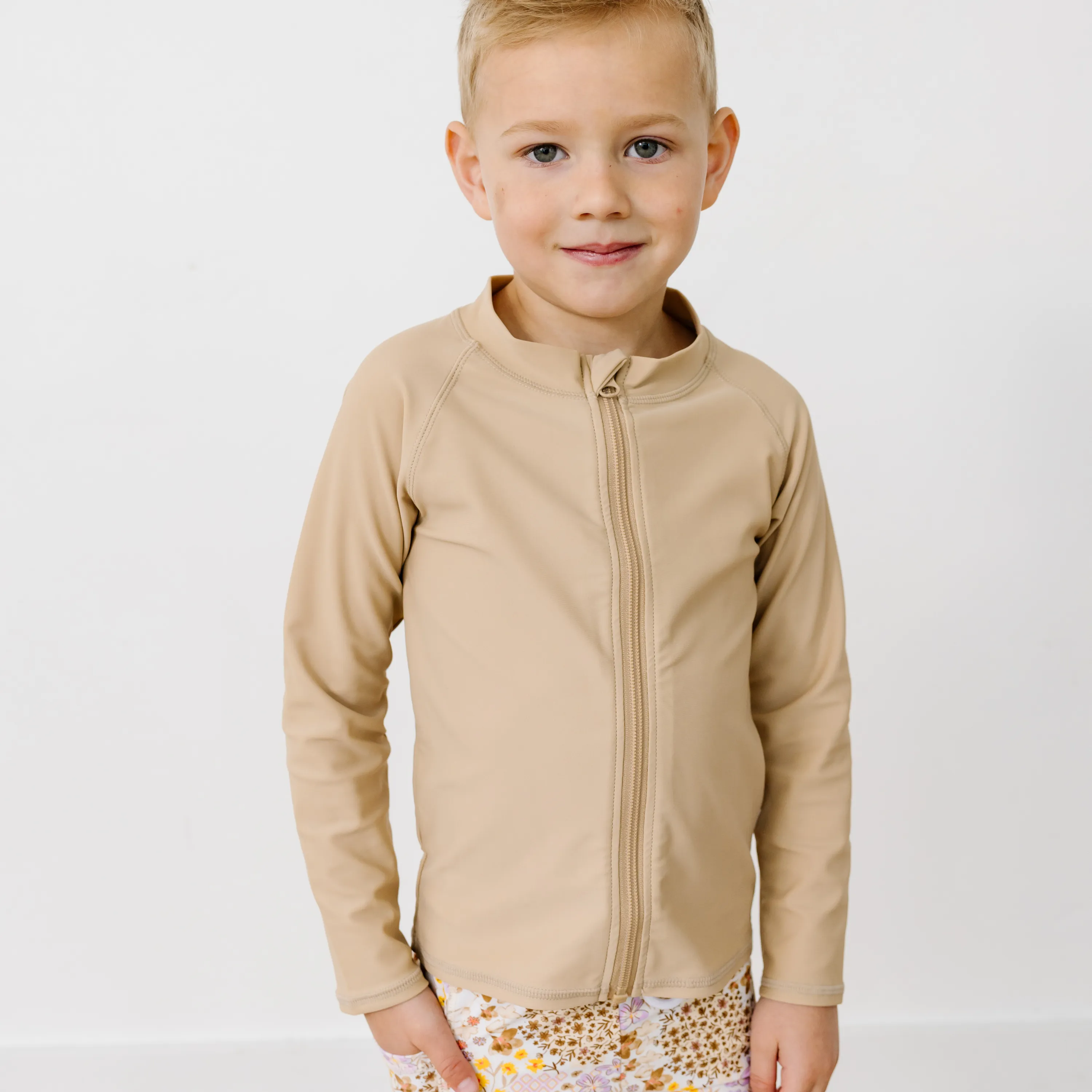 Kids UPF 50  Long Sleeve Zipper Rash Guard Swim Shirt | "Sandy Beach"