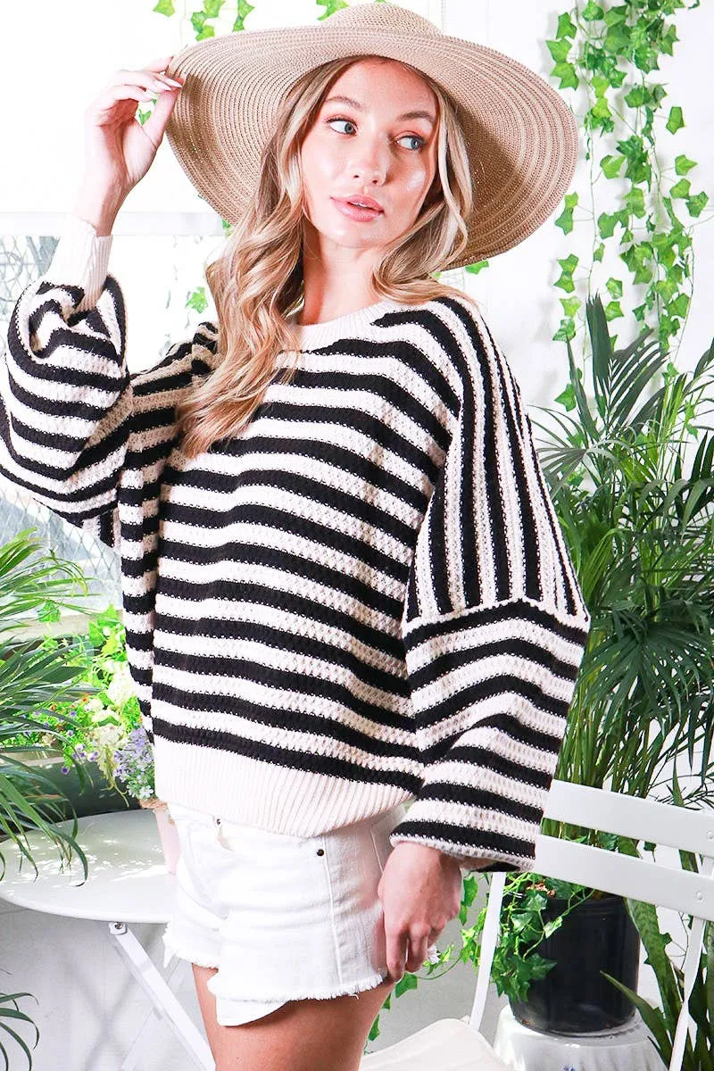 Long balloon sleeve stripe crochet sweater (Khaki / Black)