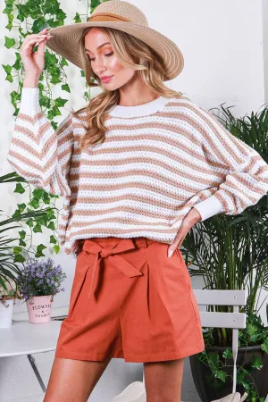 Long balloon sleeve stripe crochet sweater (Khaki / Black)