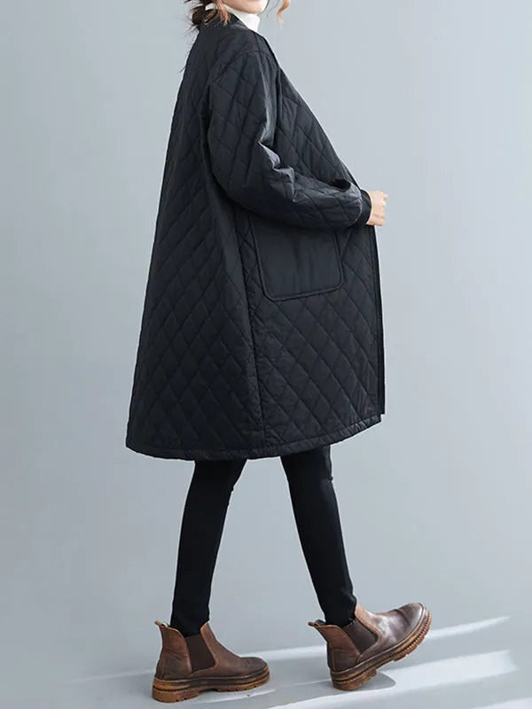 Long Sleeves Loose Pockets Quilted Solid Color Zipper Stand Collar Padded Coat