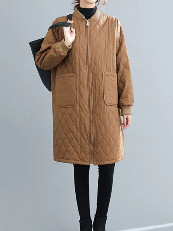 Long Sleeves Loose Pockets Quilted Solid Color Zipper Stand Collar Padded Coat