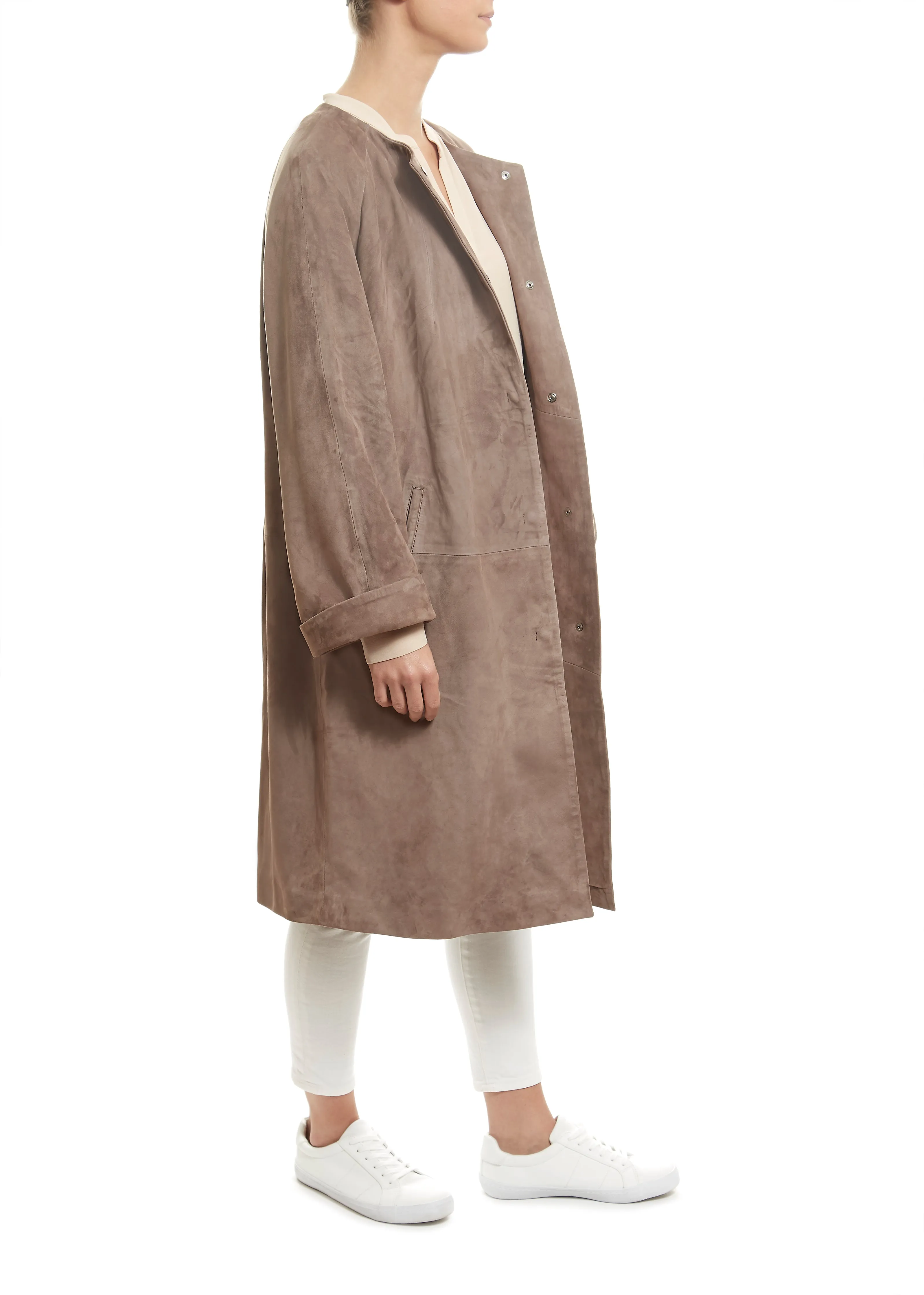 Long Taupe Suede Belted Coat