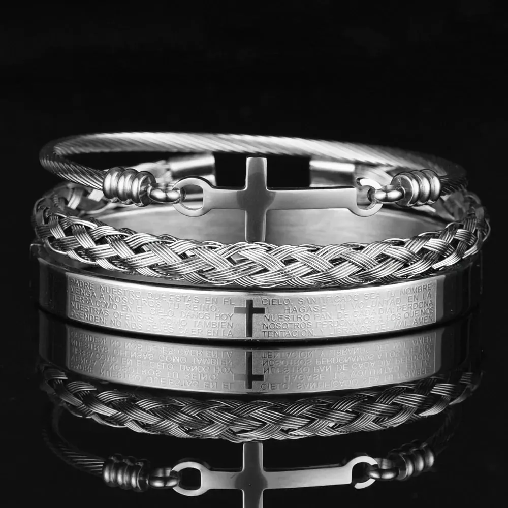 Luxury 3pcs Set Stainless Steel Men Bracelet, Men Jewelry Charm Open Bangle Carving Spanish Scripture