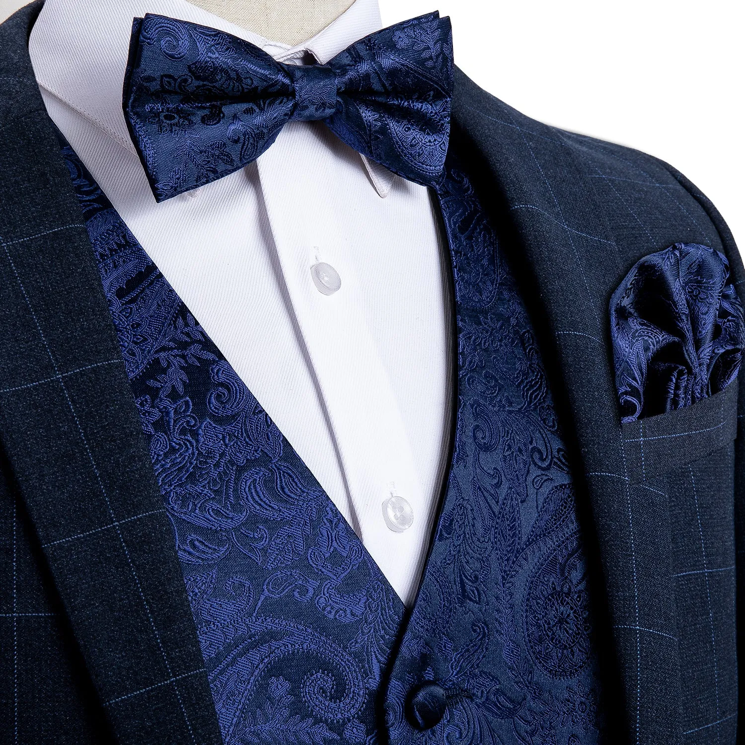 Luxury Blue Paisley Silk Men's Vest Bow Tie Hanky Cufflinks Set