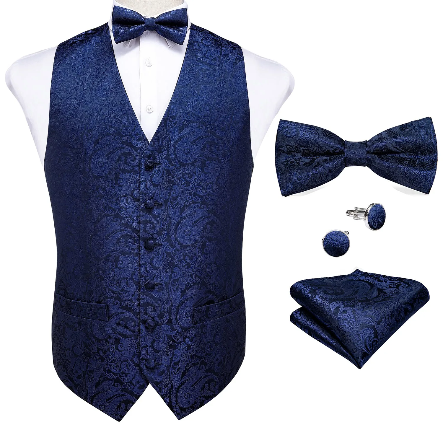 Luxury Blue Paisley Silk Men's Vest Bow Tie Hanky Cufflinks Set