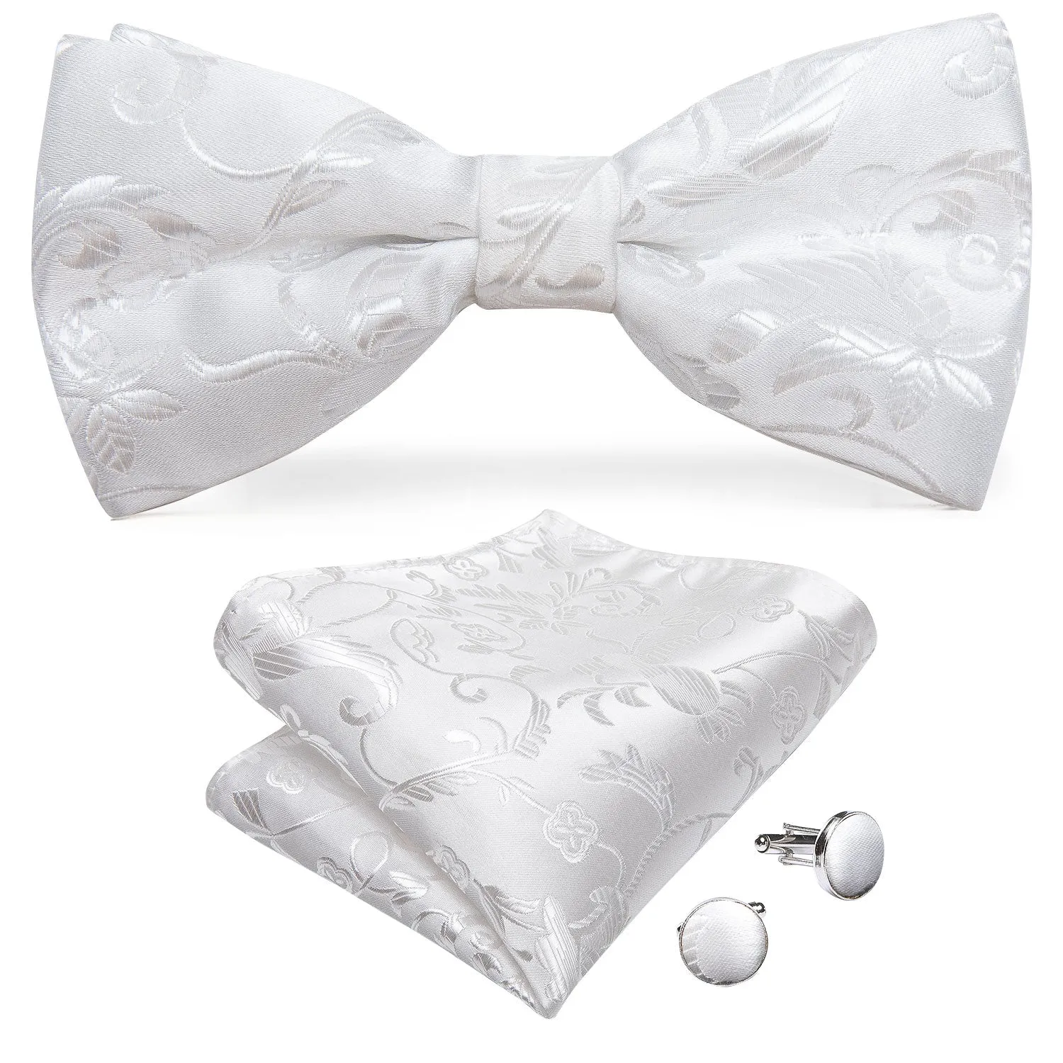 Luxury White Floral Silk Men's Vest Bow Tie Hanky Cufflinks Set