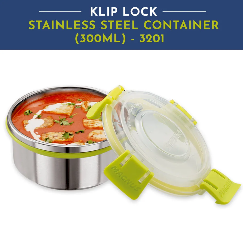 Magnus KLIP LOCK Stainless Steel Airtight Leakproof Storage Container, 300ML - Ideal Kitchen Accessories Item, Lunch Box for Office Men, Durable Klip Lock Design