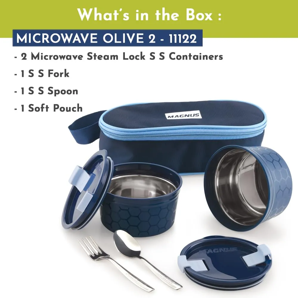 Magnus Microwave Olive 2 Lunch Box - 2 Microwave Safe Steamlock Stainless Steel Containers - Airtight & Leakproof - Ideal Lunch Box for Kids - Lunch Boxes for Office Men, Women & School