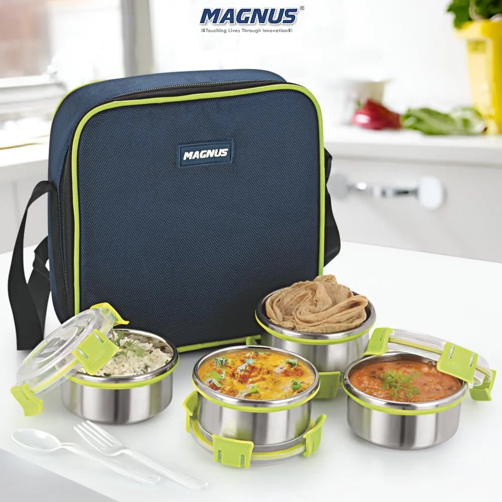 Magnus Quatro 4-Piece Stainless Steel Lunch Box Set | Airtight, Leakproof Containers | Insulated Cover & Bag | BPA Free | Ideal Lunch Box for Kids, Office Men, Women | Office & School Tiffin