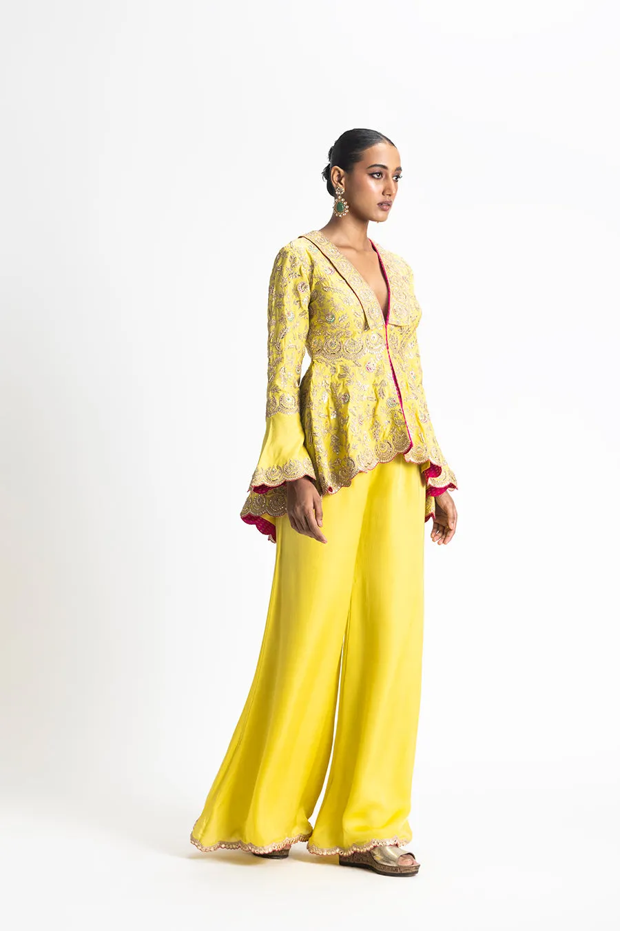 MEHNDI YELLOW JACKET TROUSER SET