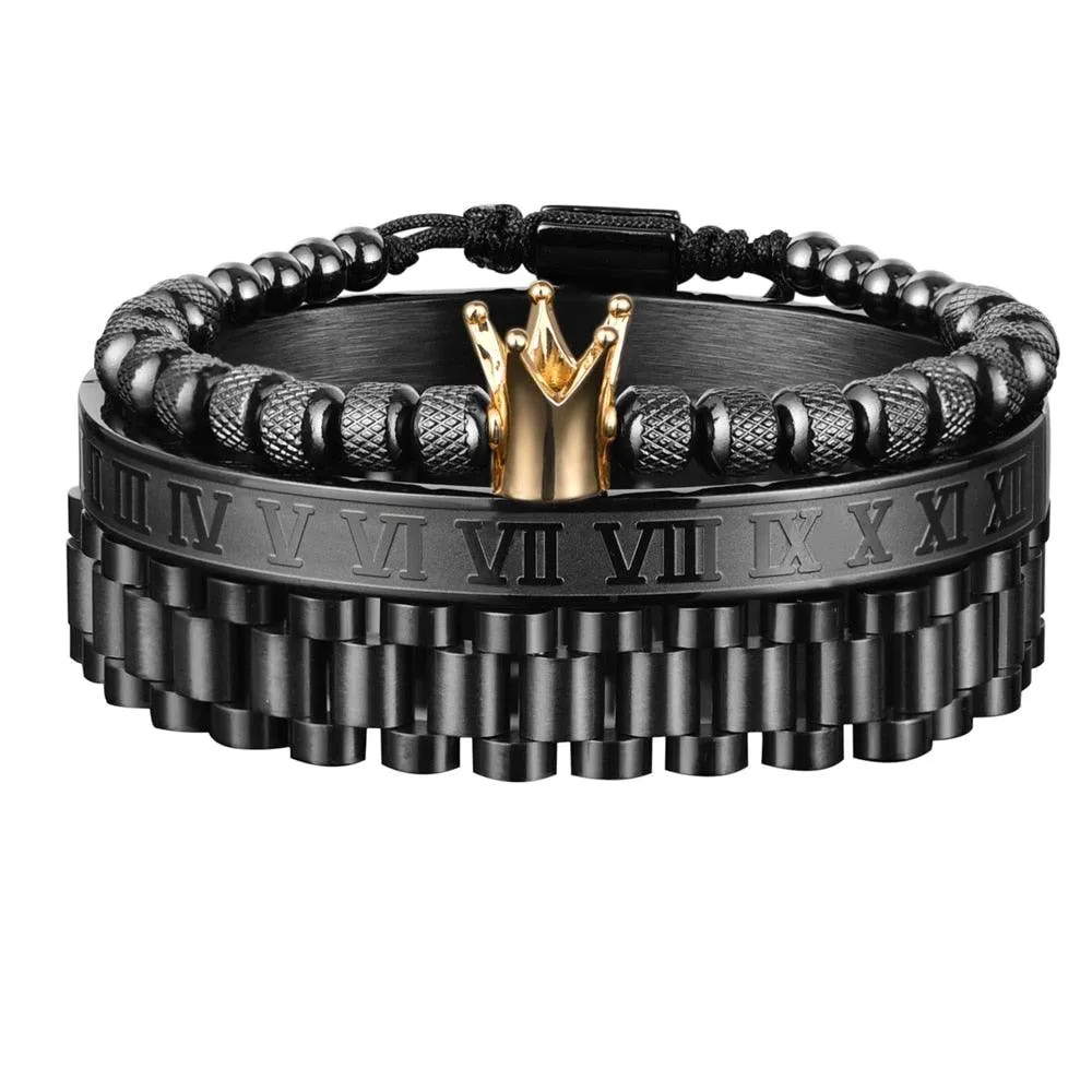 Men Bracelet Set, Luxury Crown Roman Numeral Men Bracelet, 12mm Watch Band Stainless Steel Bracelet Wristbands Men Jewelry