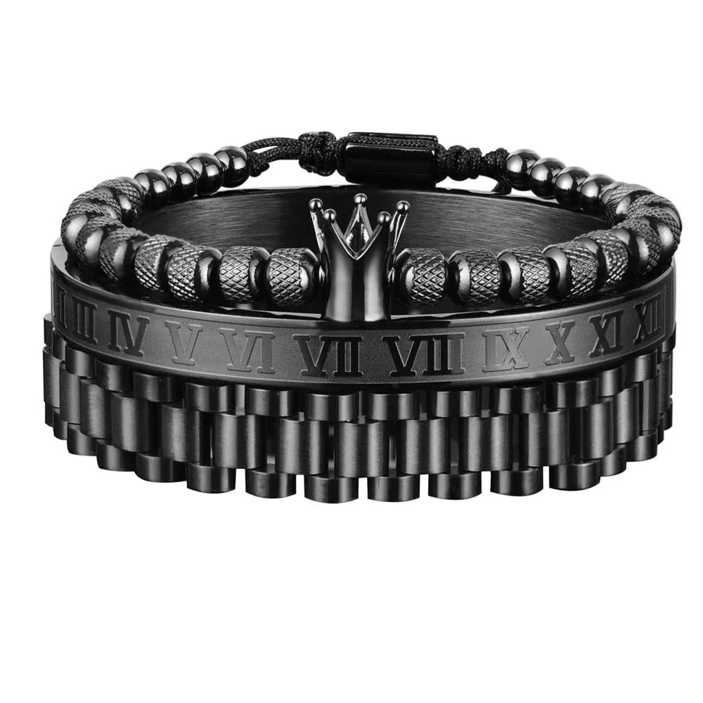 Men Bracelet Set, Luxury Crown Roman Numeral Men Bracelet, 12mm Watch Band Stainless Steel Bracelet Wristbands Men Jewelry