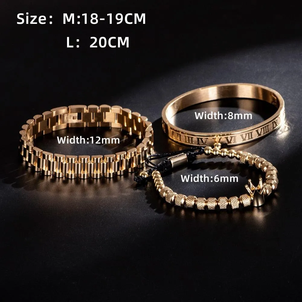 Men Bracelet Set, Luxury Crown Roman Numeral Men Bracelet, 12mm Watch Band Stainless Steel Bracelet Wristbands Men Jewelry