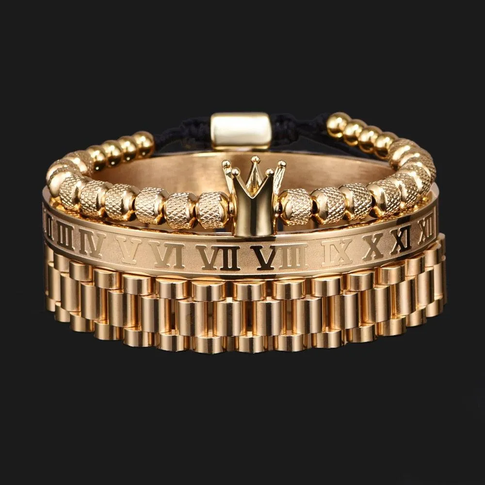 Men Bracelet Set, Luxury Crown Roman Numeral Men Bracelet, 12mm Watch Band Stainless Steel Bracelet Wristbands Men Jewelry