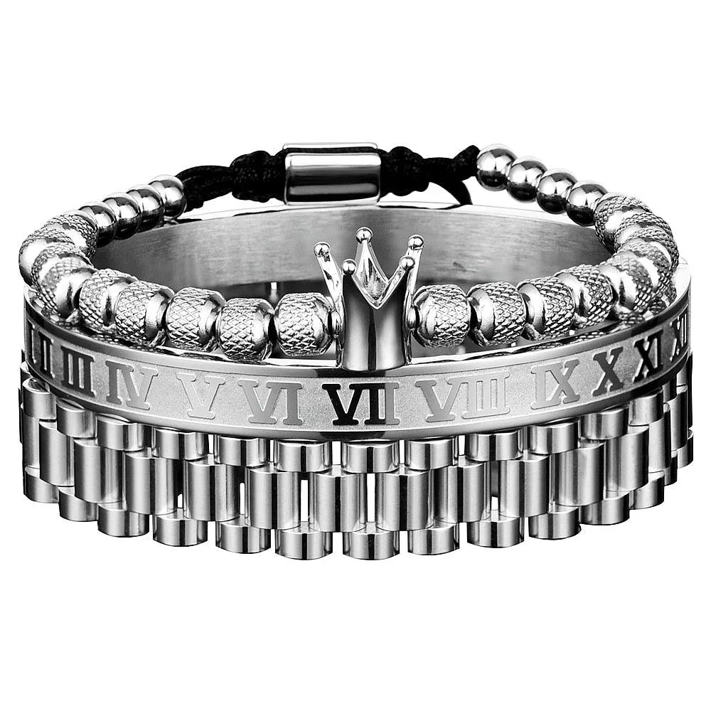 Men Bracelet Set, Luxury Crown Roman Numeral Men Bracelet, 12mm Watch Band Stainless Steel Bracelet Wristbands Men Jewelry