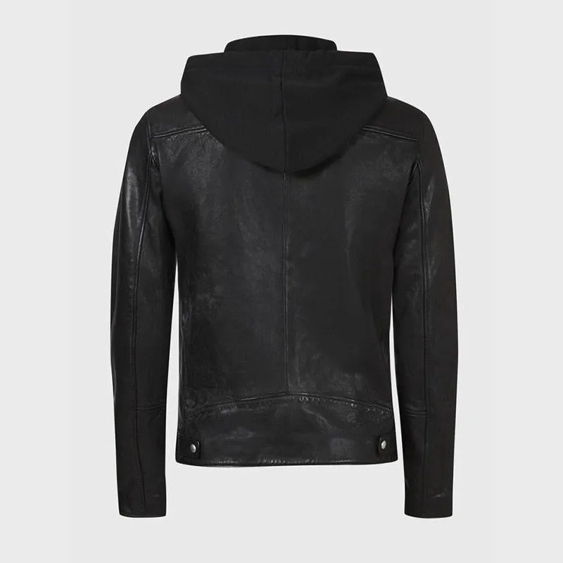 Mens Hooded Leather Jacket in Black