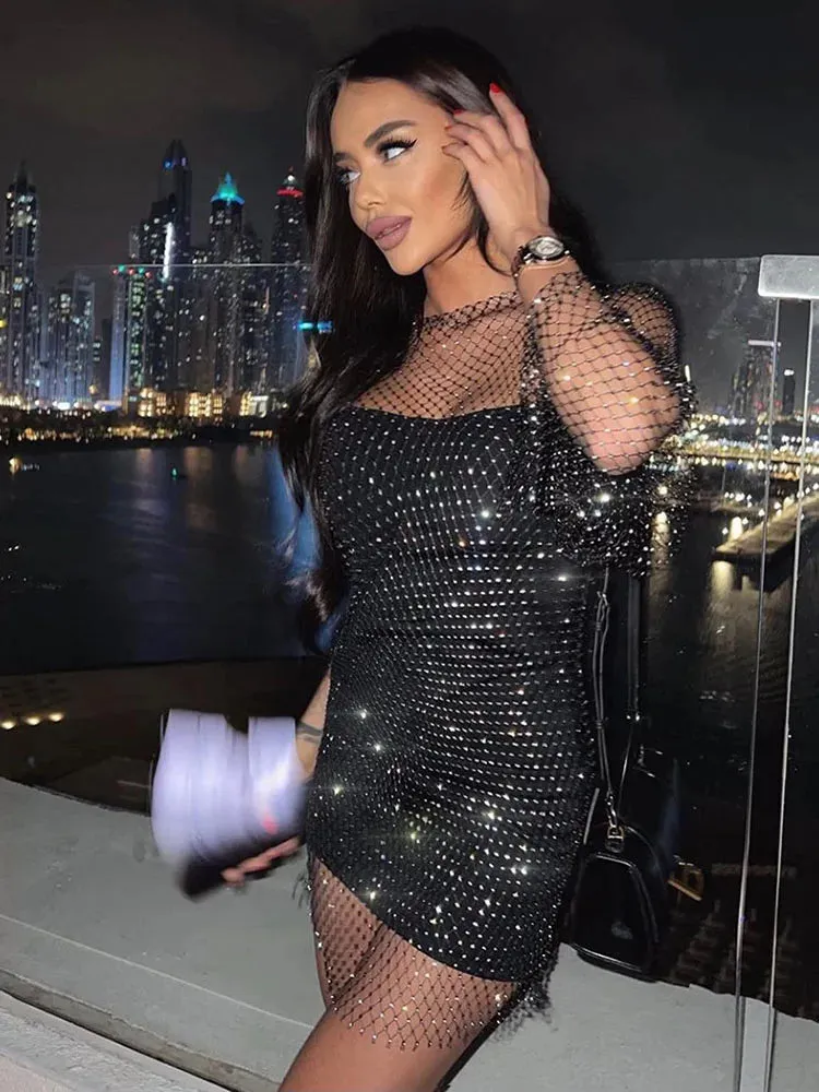 Mesh Slit Sexy Open Rhinestone Fishnet Back Mini Skirt Dress