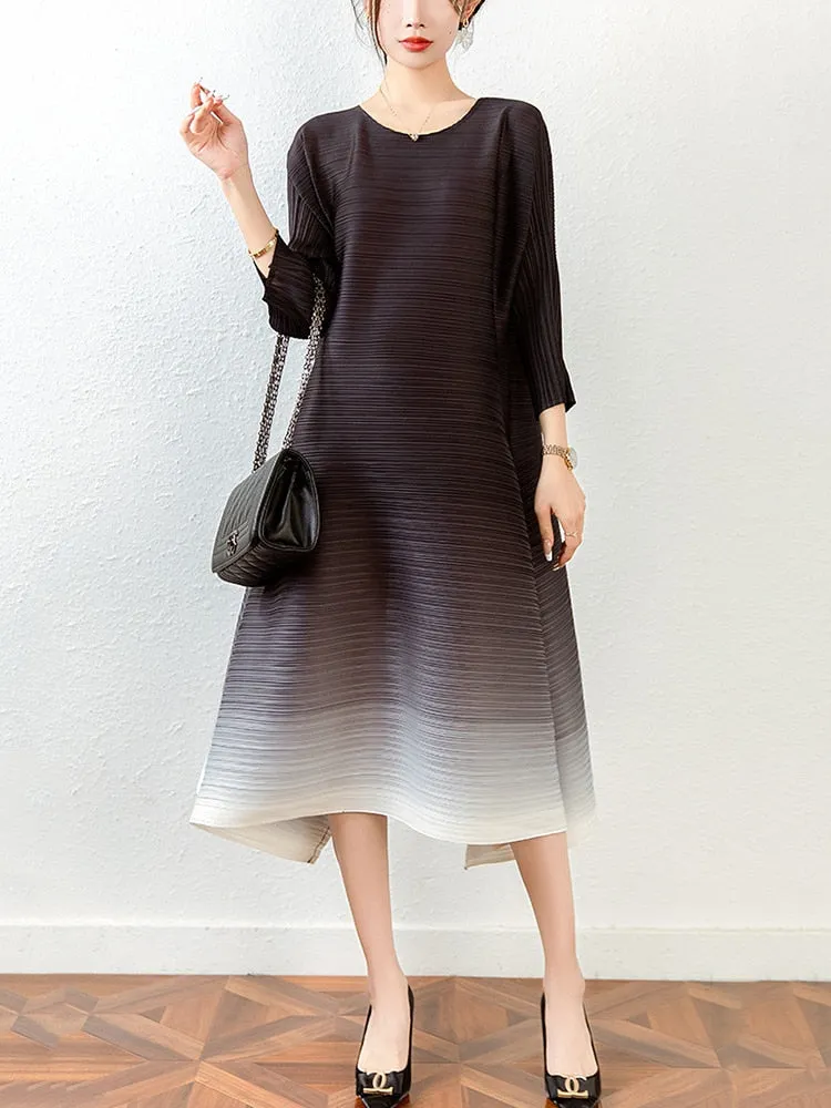 Miyake Pleated Gradient O-neck Irregular Hem Dress