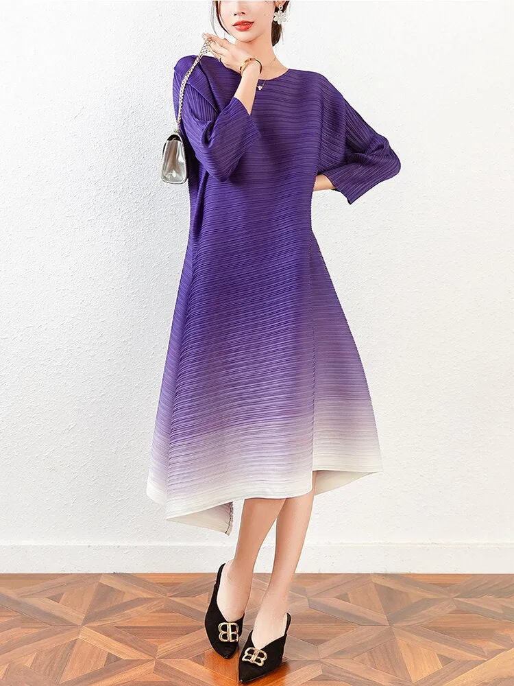 Miyake Pleated Gradient O-neck Irregular Hem Dress