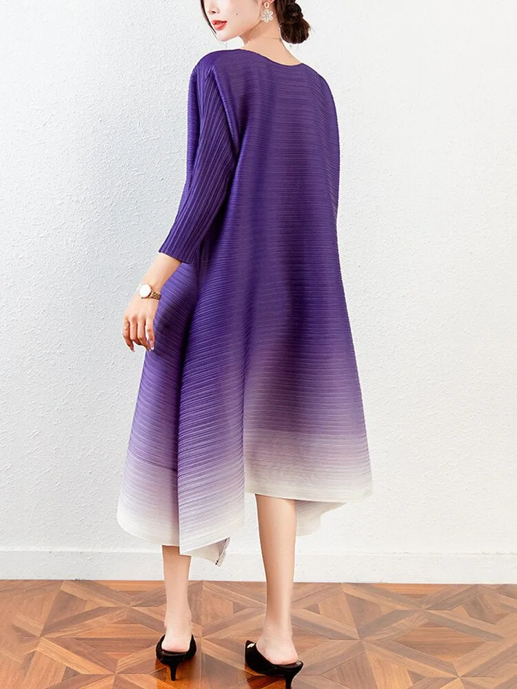 Miyake Pleated Gradient O-neck Irregular Hem Dress