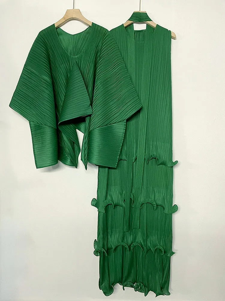 Miyake Pleated Irregular Shawl Top & Tiered Maxi Dress Set