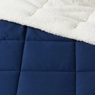 New - Room Essentials Knitted Reversible Comforter Sherpa Solid, Navy, Twin/TwinXL