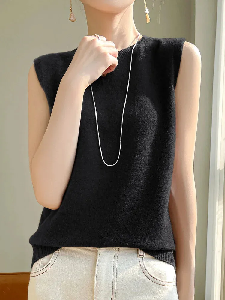 New Women O-neck Sleeveless Sweater Simple Style Solid Soft Vest 100% Merino Wool Knitwear Pullover Spring Summer Korean Tops