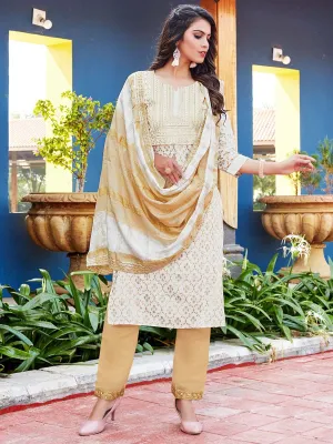 Off White Viscose Stitched Readymade Suit with Dupatta