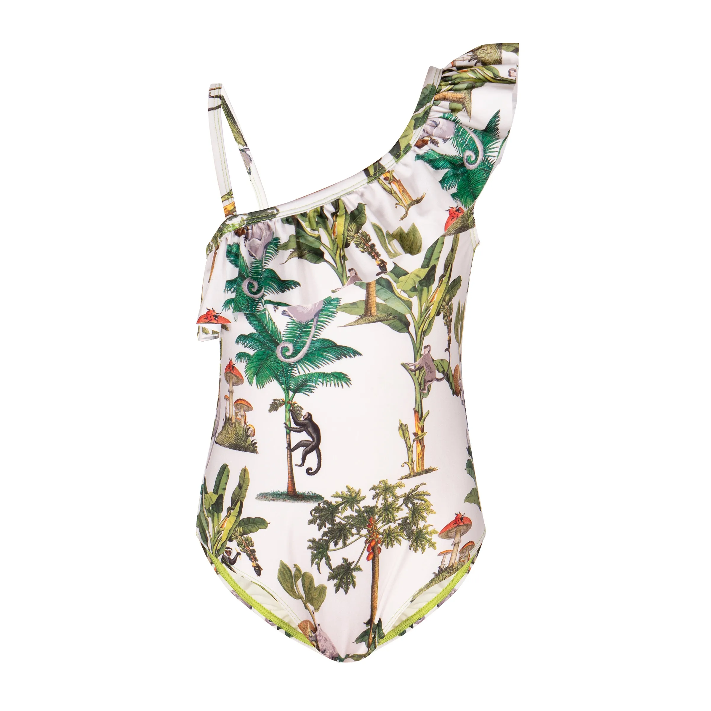 One Shoulder Ruffle Swimsuit Tropical Forest