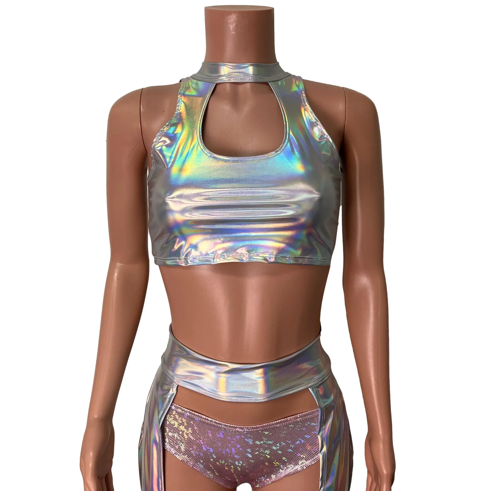 Opal Holographic High Neck Unisex Men/Women Cutout Top Shirt