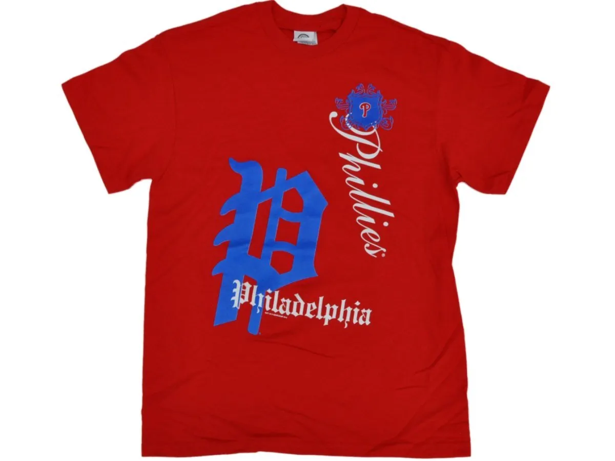 Philadelphia Phillies SAAG Women Red Old English Logo Loose Fit T-Shirt