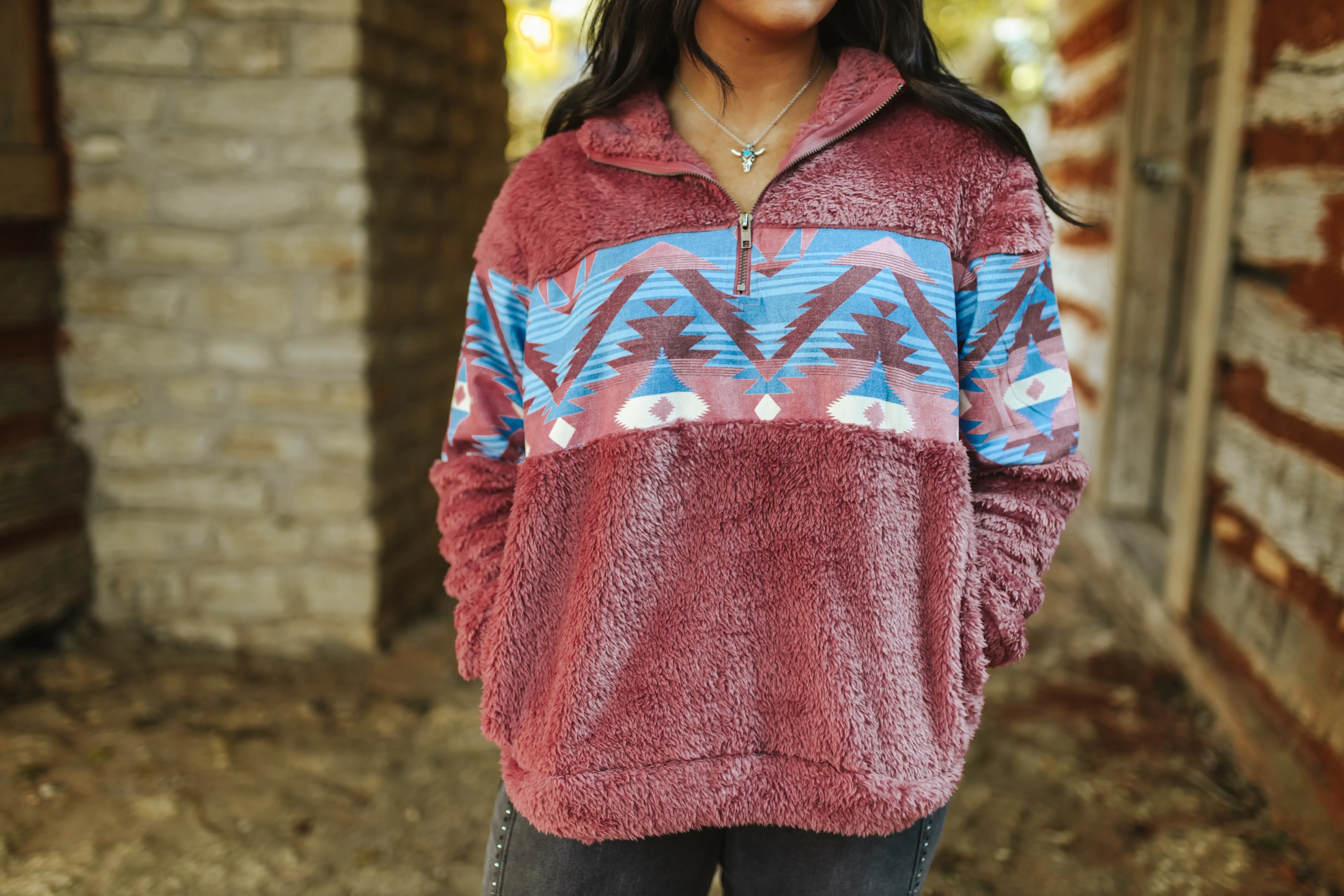 Pink Aztec Half Zip Sherpa