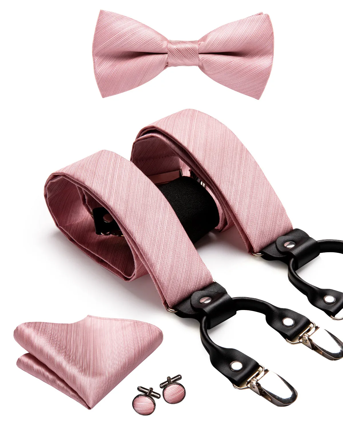 Pink Solid Suspender Bowtie Pocket Square Cufflinks Set