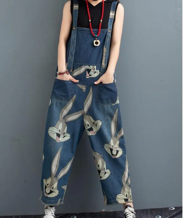 Print Bunny Casual Spring Denim Overall Women Jumpsuits